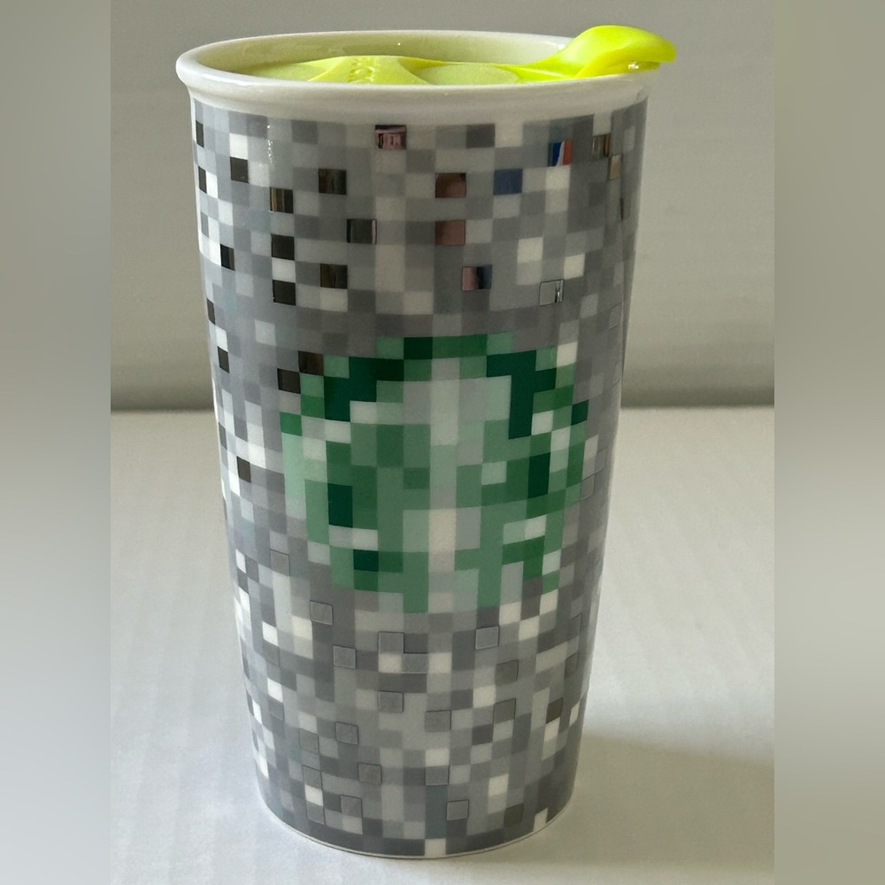 2012 limited edition Starbucks x Rodarte Pixel Ceramic tumbler w/neon green lid